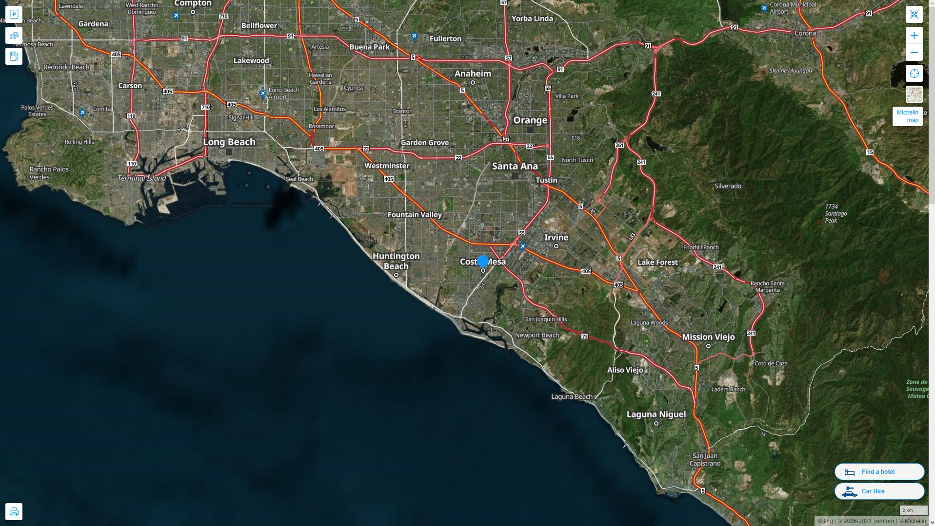 Costa Mesa California Highway and Road Map with Satellite View